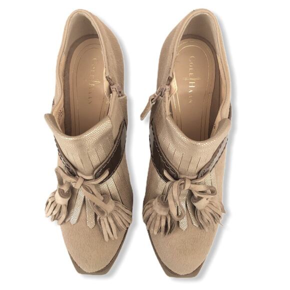 Cole Haan Bootie Heels Cow Hair Kiltie Beige Brown Sz 7 - Picture 5 of 12